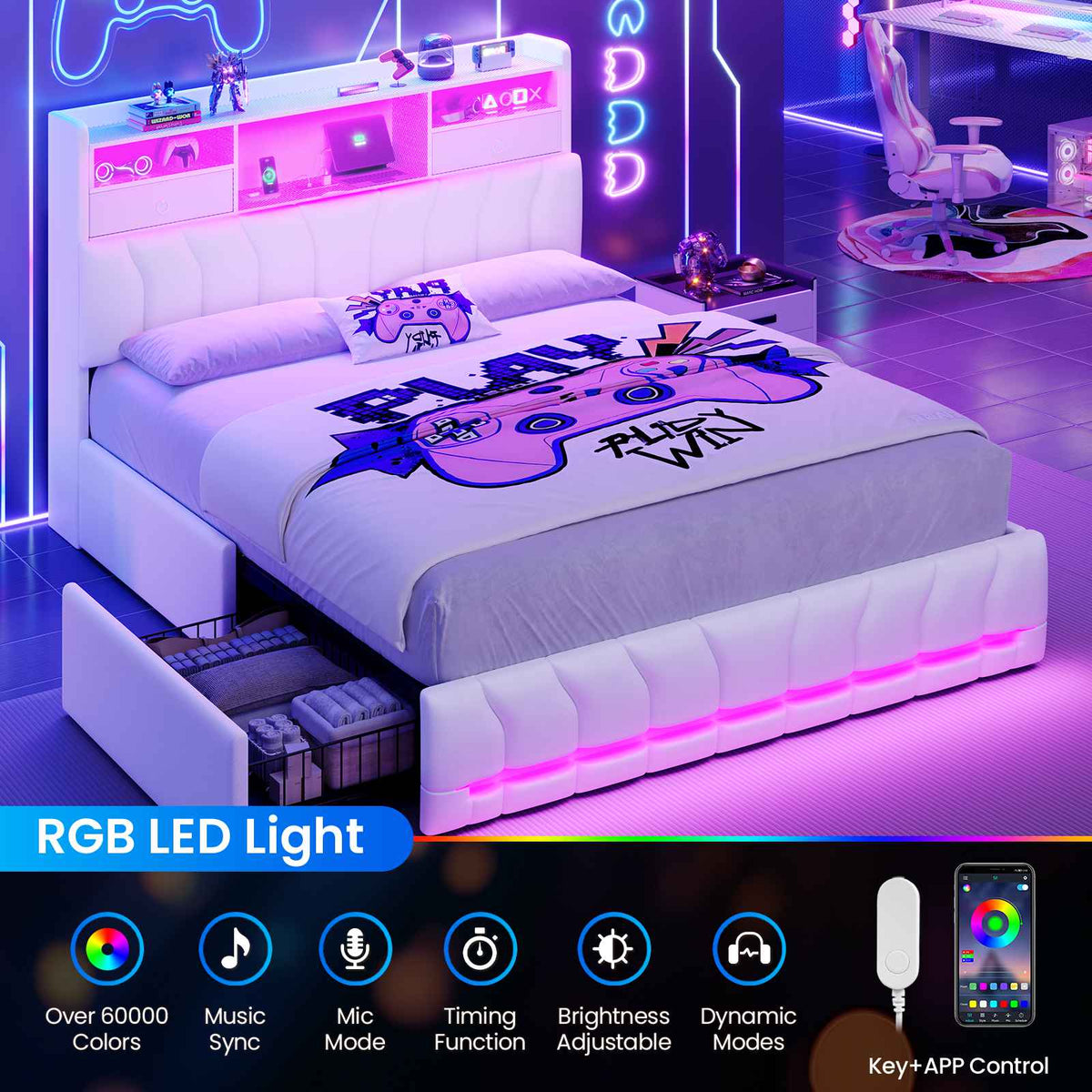 DICTAC | Twin Gaming Bed Frame with Storage Headboard, RGB Lights, Charging Station & Drawers, Upholstered Platform Bed, White