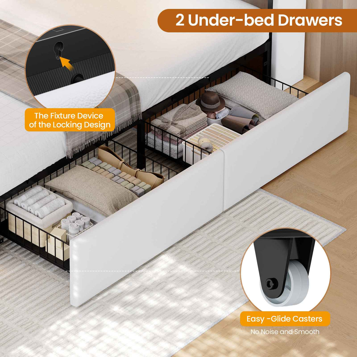 DICTAC | Twin Gaming Bed Frame with Storage Headboard, RGB Lights, Charging Station & Drawers, Upholstered Platform Bed, White