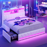 DICTAC | Twin Gaming Bed Frame with Storage Headboard, RGB Lights, Charging Station & Drawers, Upholstered Platform Bed, White
