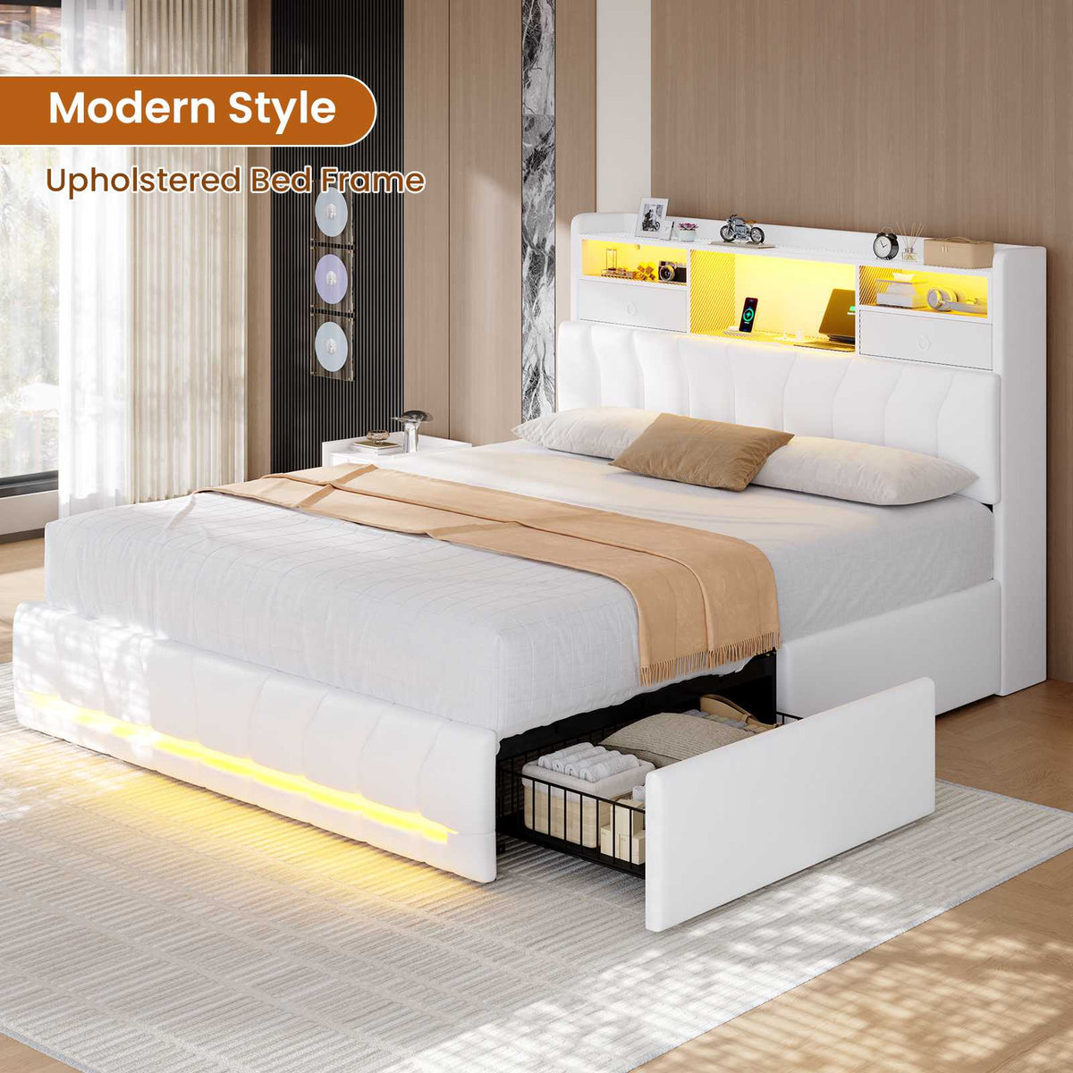 DICTAC | Twin Gaming Bed Frame with Storage Headboard, RGB Lights, Charging Station & Drawers, Upholstered Platform Bed, White