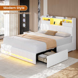 DICTAC | Twin Gaming Bed Frame with Storage Headboard, RGB Lights, Charging Station & Drawers, Upholstered Platform Bed, White