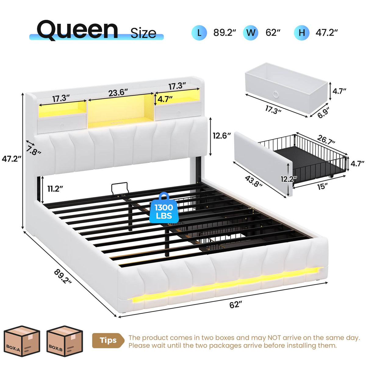 DICTAC | Twin Gaming Bed Frame with Storage Headboard, RGB Lights, Charging Station & Drawers, Upholstered Platform Bed, White