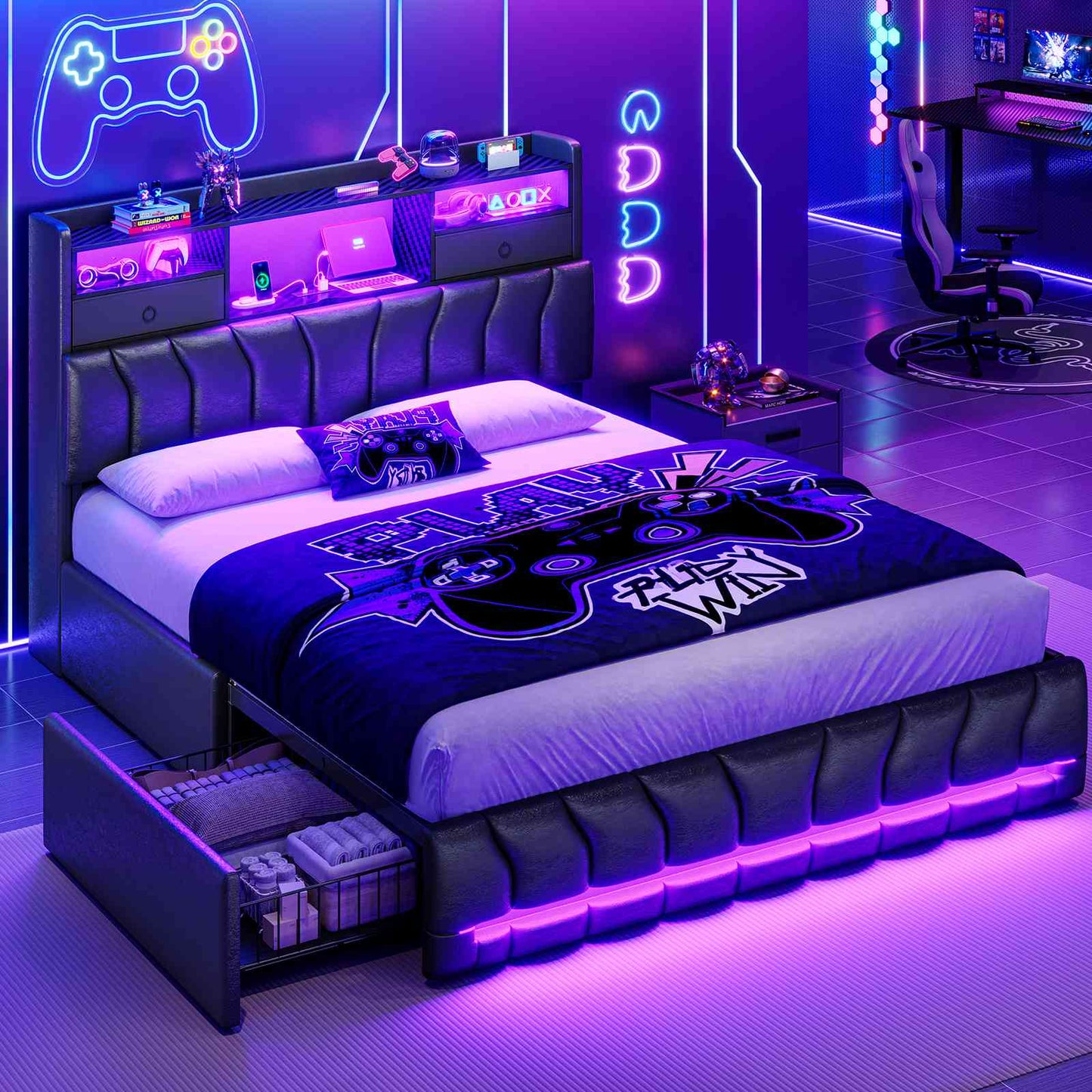 DICTAC | Gaming Bed Frame with Storage Headboard, RGB LED Lights, Charging Station & Drawers, Upholstered Platform Bed, Black