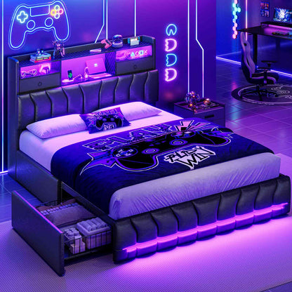 DICTAC | Gaming Bed Frame with Storage Headboard, RGB LED Lights, Charging Station & Drawers, Upholstered Platform Bed, Black
