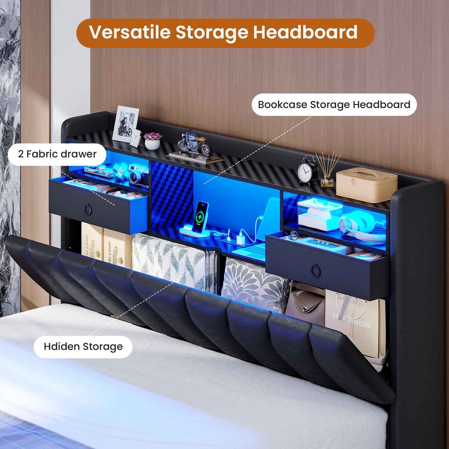 DICTAC | Gaming Bed Frame with Storage Headboard, RGB LED Lights, Charging Station & Drawers, Upholstered Platform Bed, Black