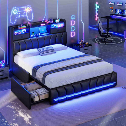 DICTAC | Gaming Bed Frame with Storage Headboard, RGB LED Lights, Charging Station & Drawers, Upholstered Platform Bed, Black