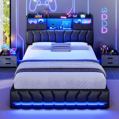 DICTAC | Gaming Bed Frame with Storage Headboard, RGB LED Lights, Charging Station & Drawers, Upholstered Platform Bed, Black