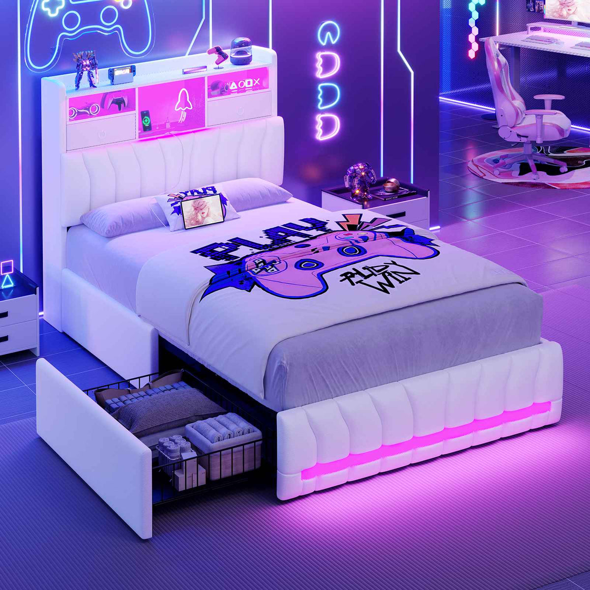 DICTAC | Twin Gaming Bed Frame with Storage Headboard, RGB Lights, Charging Station & Drawers, Upholstered Platform Bed, White