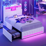 DICTAC | Twin Gaming Bed Frame with Storage Headboard, RGB Lights, Charging Station & Drawers, Upholstered Platform Bed, White