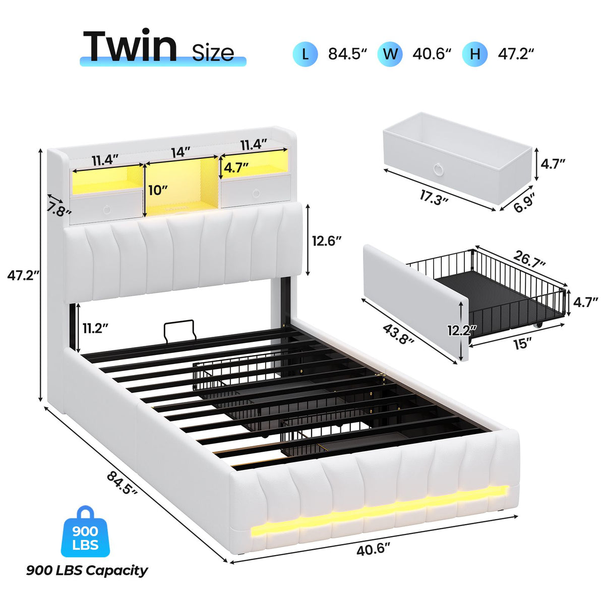 DICTAC | Twin Gaming Bed Frame with Storage Headboard, RGB Lights, Charging Station & Drawers, Upholstered Platform Bed, White