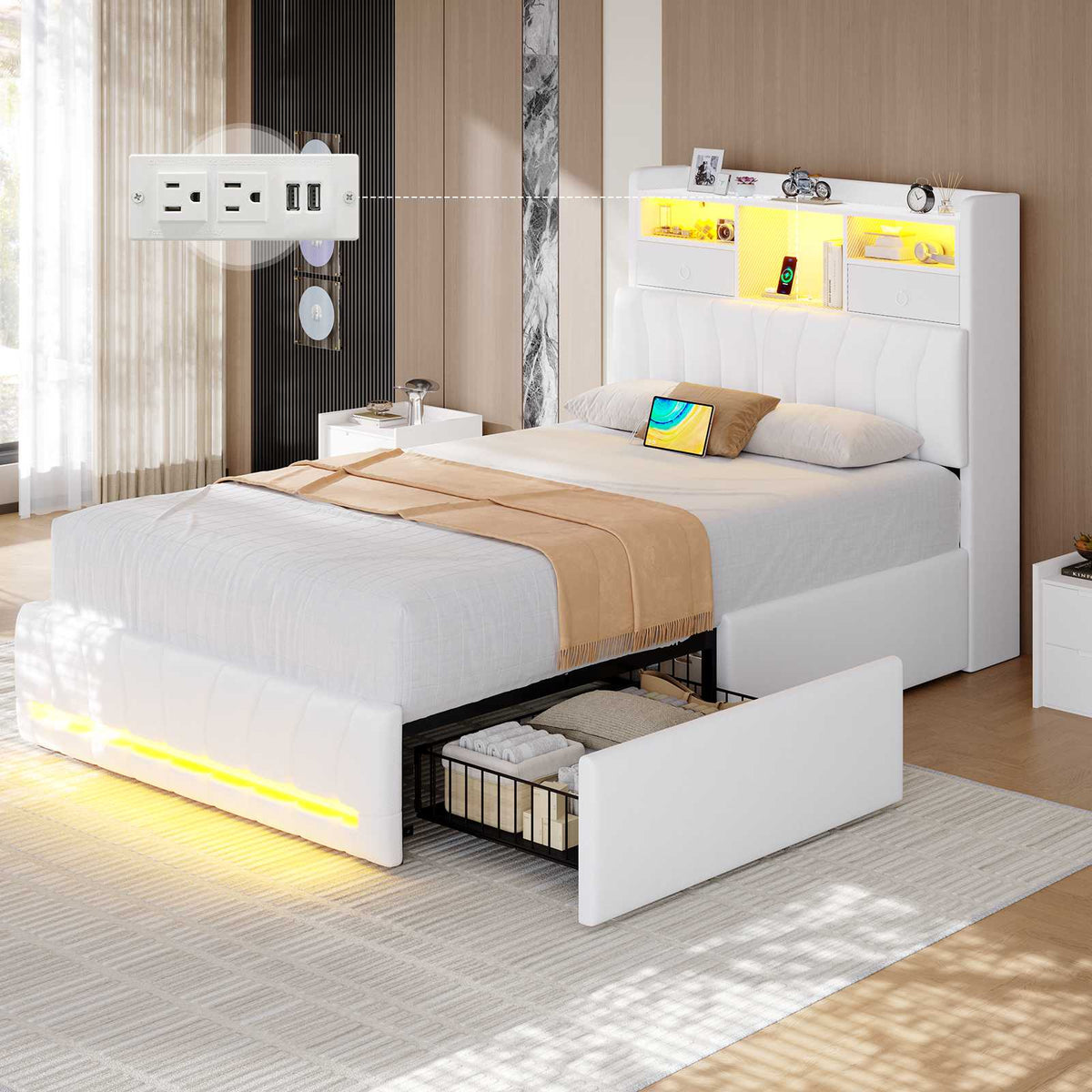 DICTAC | Twin Gaming Bed Frame with Storage Headboard, RGB Lights, Charging Station & Drawers, Upholstered Platform Bed, White