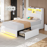 DICTAC | Twin Gaming Bed Frame with Storage Headboard, RGB Lights, Charging Station & Drawers, Upholstered Platform Bed, White
