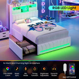 DICTAC | Twin Gaming Bed Frame with Storage Headboard, RGB Lights, Charging Station & Drawers, Upholstered Platform Bed, White