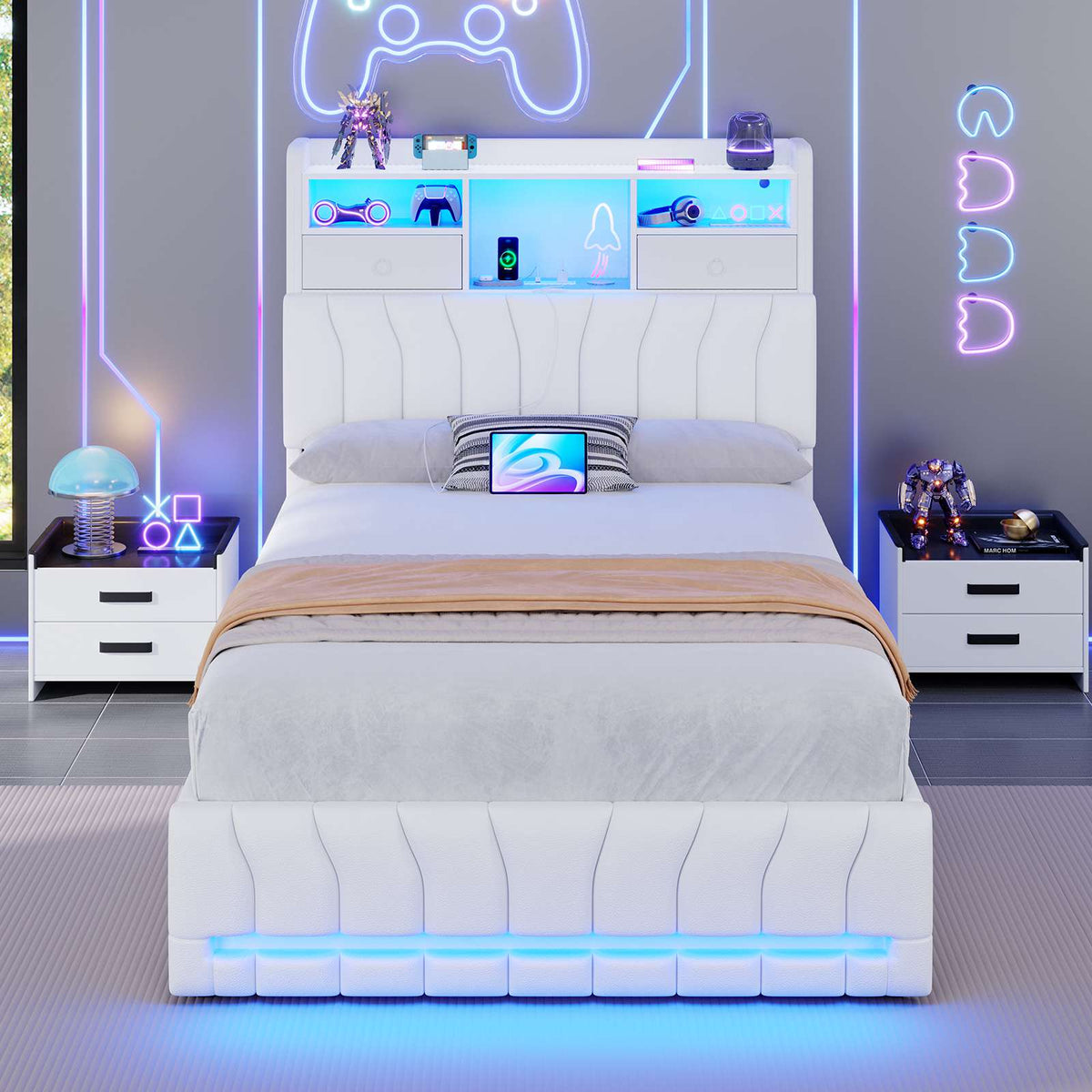 DICTAC | Twin Gaming Bed Frame with Storage Headboard, RGB Lights, Charging Station & Drawers, Upholstered Platform Bed, White