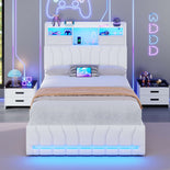 DICTAC | Twin Gaming Bed Frame with Storage Headboard, RGB Lights, Charging Station & Drawers, Upholstered Platform Bed, White