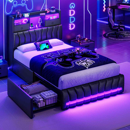 DICTAC | Gaming Bed Frame with Storage Headboard, RGB LED Lights, Charging Station & Drawers, Upholstered Platform Bed, Black