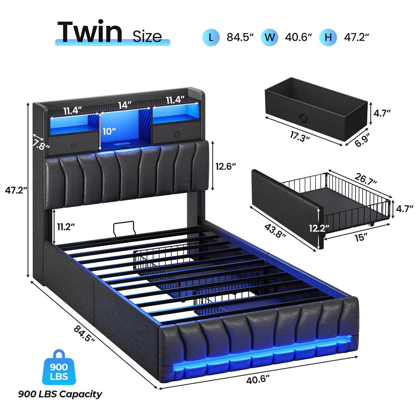 DICTAC | Gaming Bed Frame with Storage Headboard, RGB LED Lights, Charging Station & Drawers, Upholstered Platform Bed, Black