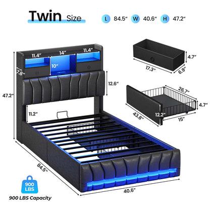 DICTAC | Gaming Bed Frame with Storage Headboard, RGB LED Lights, Charging Station & Drawers, Upholstered Platform Bed, Black