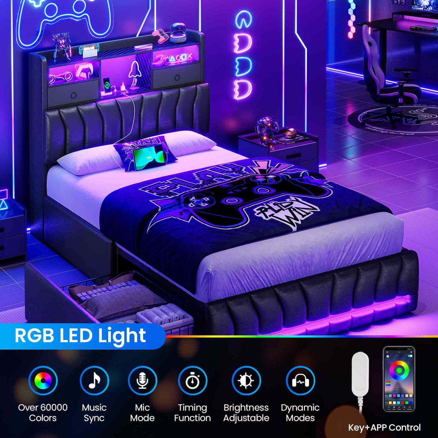 DICTAC | Gaming Bed Frame with Storage Headboard, RGB LED Lights, Charging Station & Drawers, Upholstered Platform Bed, Black