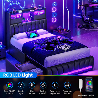 DICTAC | Gaming Bed Frame with Storage Headboard, RGB LED Lights, Charging Station & Drawers, Upholstered Platform Bed, Black