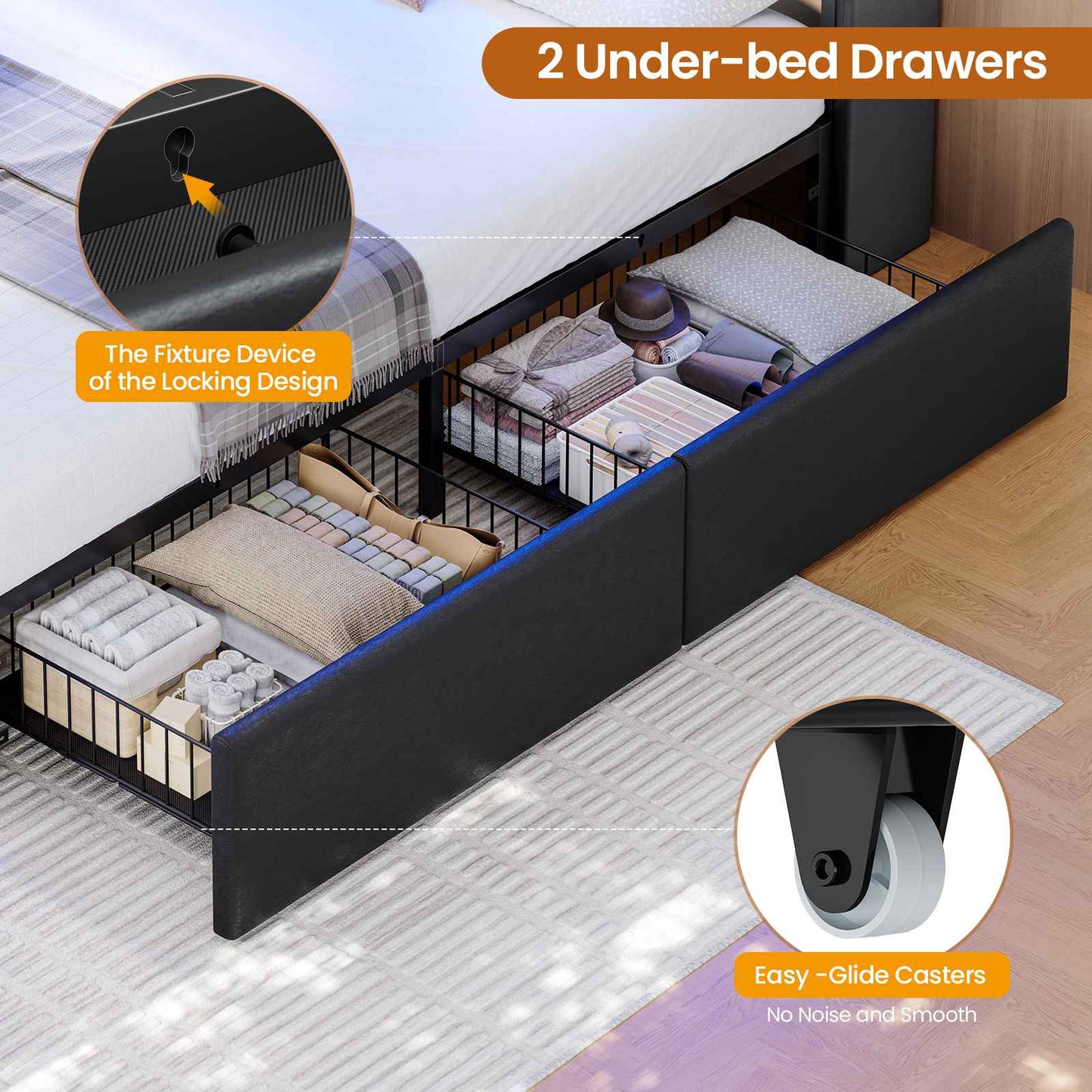 DICTAC | Gaming Bed Frame with Storage Headboard, RGB LED Lights, Charging Station & Drawers, Upholstered Platform Bed, Black