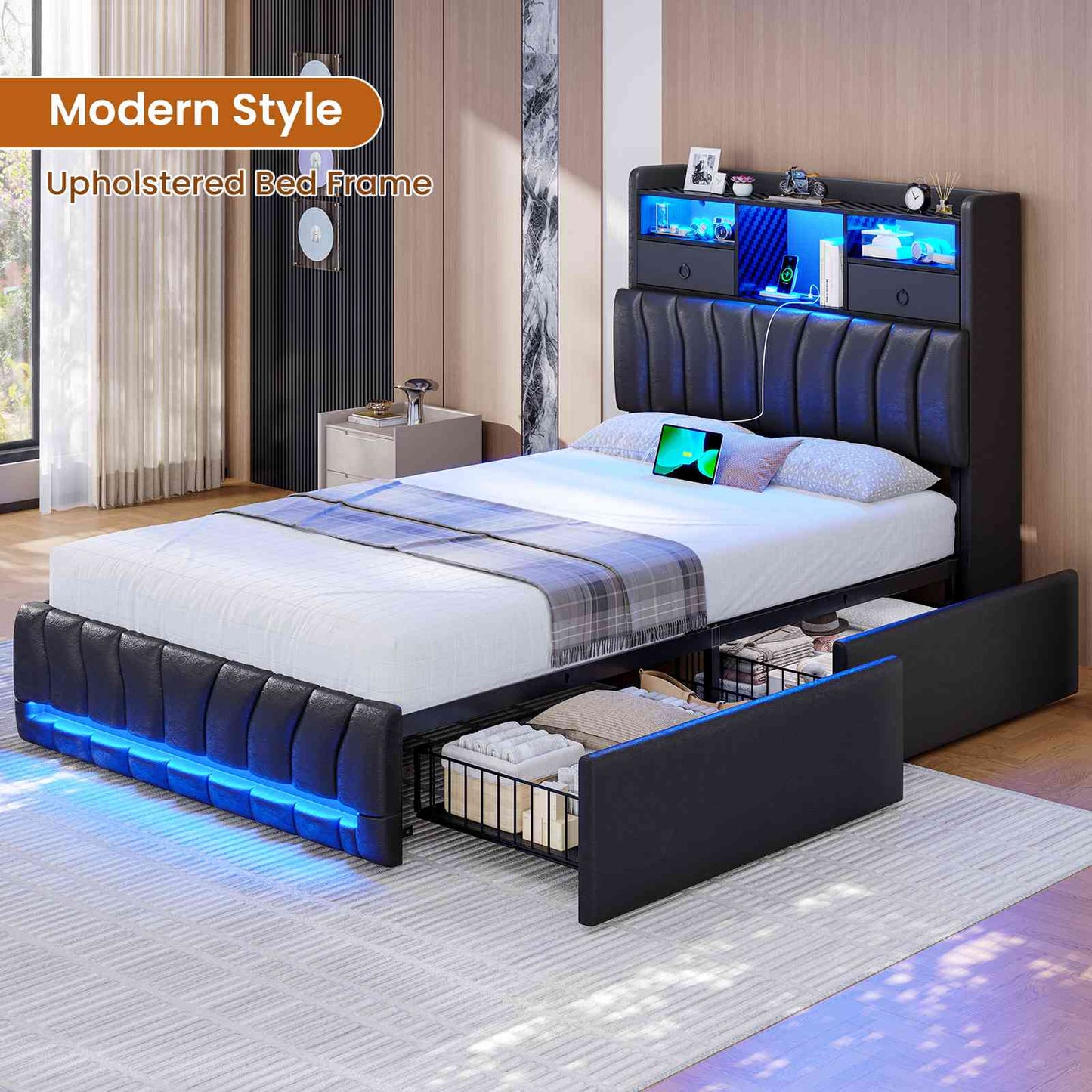 DICTAC | Gaming Bed Frame with Storage Headboard, RGB LED Lights, Charging Station & Drawers, Upholstered Platform Bed, Black