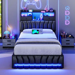 DICTAC | Gaming Bed Frame with Storage Headboard, RGB LED Lights, Charging Station & Drawers, Upholstered Platform Bed, Black