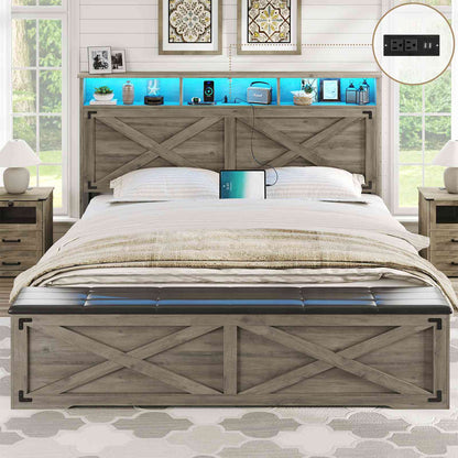 DICTAC | Farmhouse Bed Frame with Storage Headboard, LED Lights & Charging Station, Wood Platform Bed with Storage Ottoman for Kids & Teens, Oak Gray