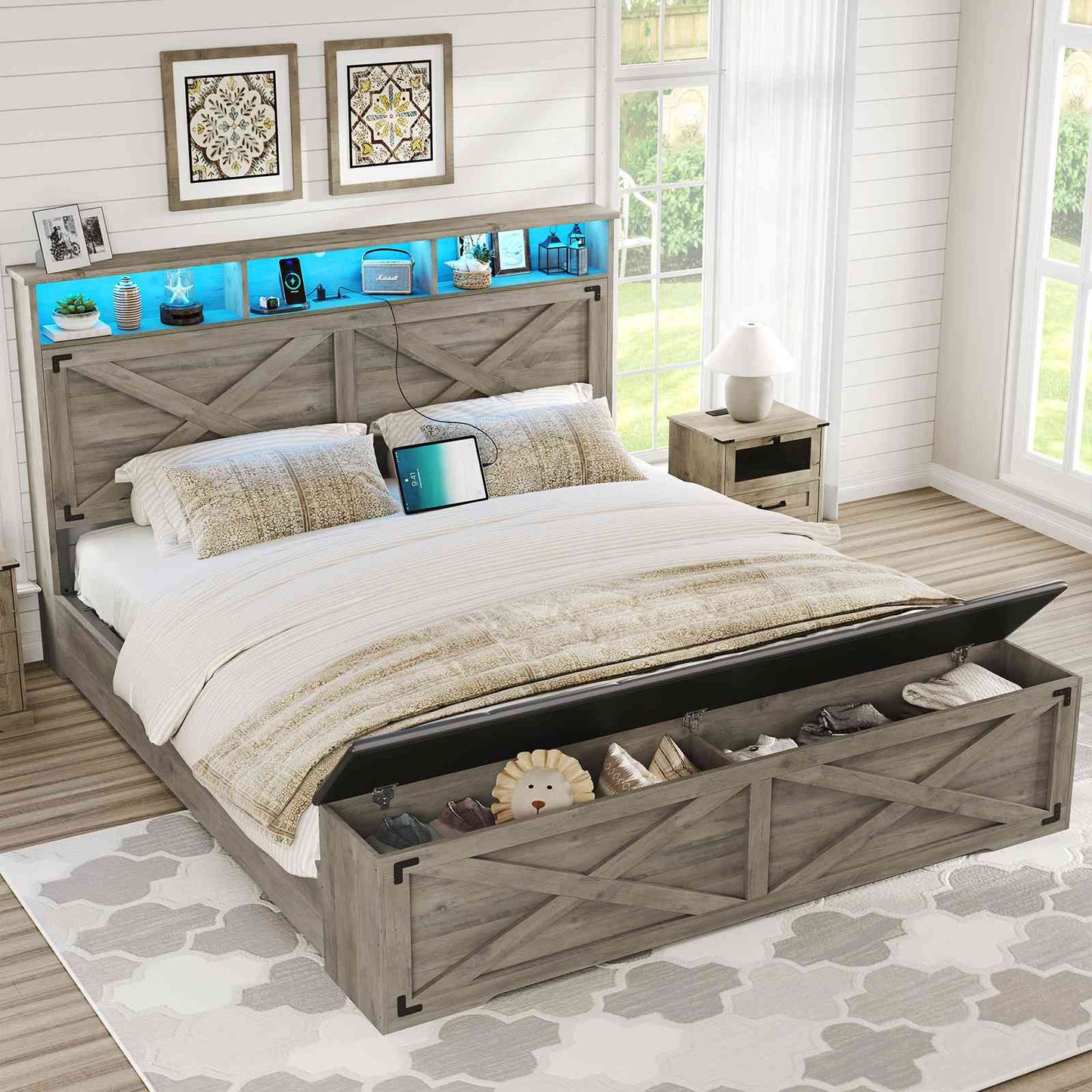 DICTAC | Farmhouse Bed Frame with Storage Headboard, LED Lights & Charging Station, Wood Platform Bed with Storage Ottoman for Kids & Teens, Oak Gray