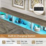 DICTAC | Farmhouse Bed Frame with Storage Headboard, LED Lights & Charging Station, Wood Platform Bed with Storage Ottoman for Kids & Teens, Oak Gray