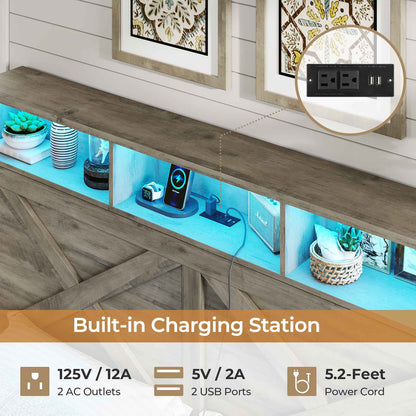 DICTAC | Farmhouse Bed Frame with Storage Headboard, LED Lights & Charging Station, Wood Platform Bed with Storage Ottoman for Kids & Teens, Oak Gray