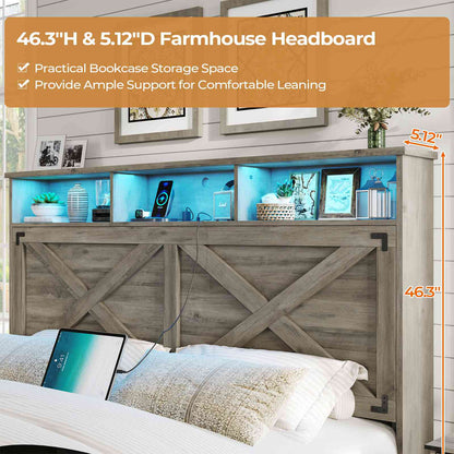 DICTAC | Farmhouse Bed Frame with Storage Headboard, LED Lights & Charging Station, Wood Platform Bed with Storage Ottoman for Kids & Teens, Oak Gray