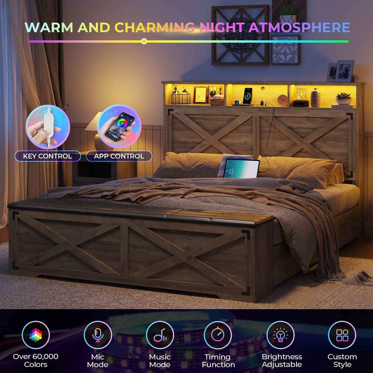 DICTAC | Farmhouse Bed Frame with Storage Headboard, LED Lights & Charging Station, Wood Platform Bed with Storage Ottoman for Kids & Teens, Oak Gray