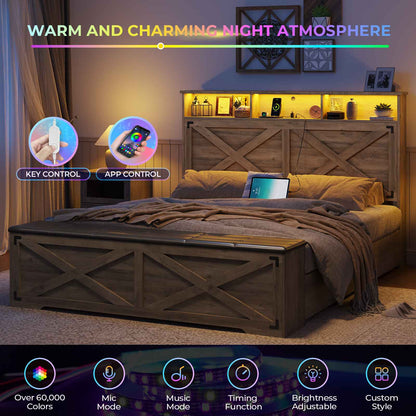 DICTAC | Farmhouse Bed Frame with Storage Headboard, LED Lights & Charging Station, Wood Platform Bed with Storage Ottoman for Kids & Teens, Oak Gray