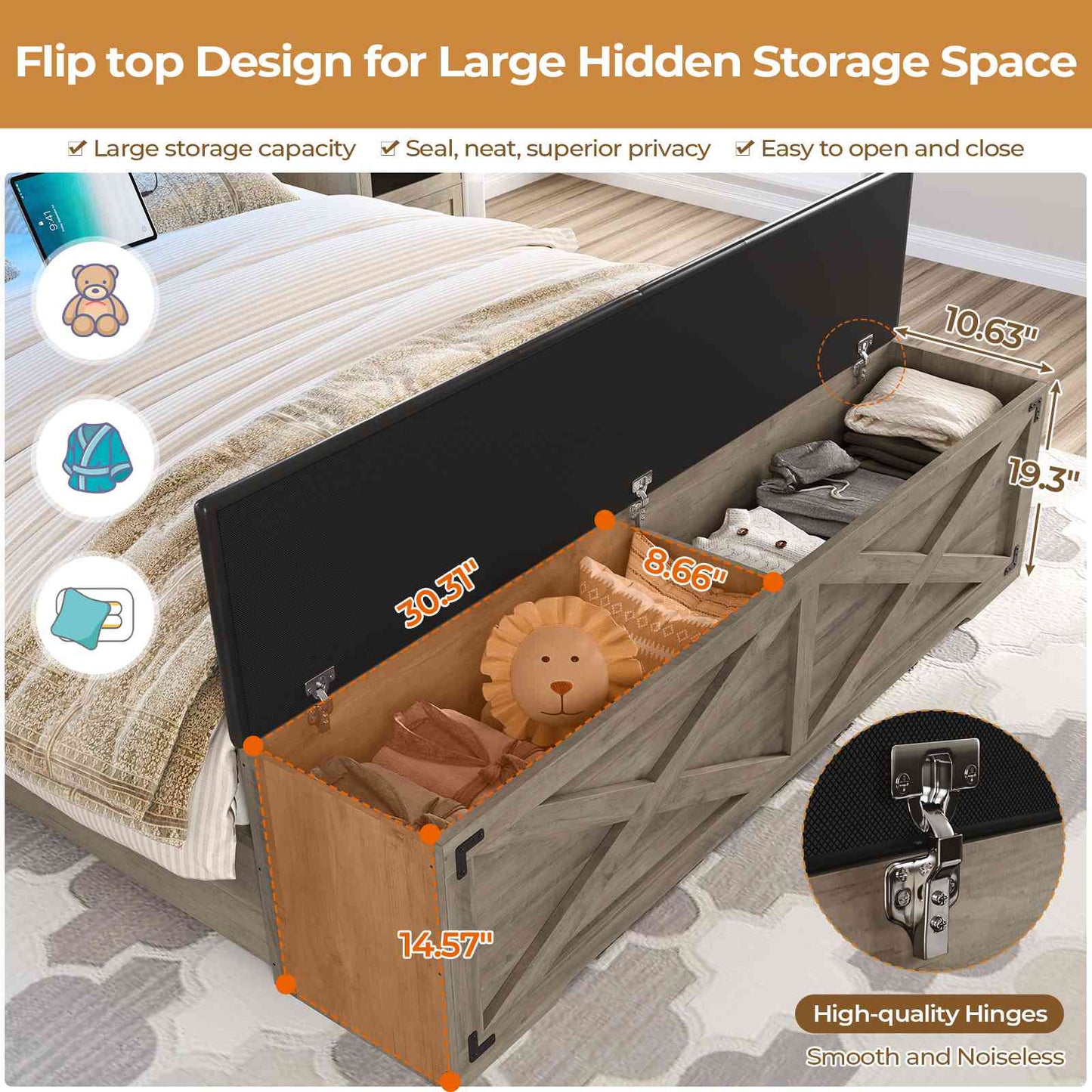 DICTAC | Farmhouse Bed Frame with Storage Headboard, LED Lights & Charging Station, Wood Platform Bed with Storage Ottoman for Kids & Teens, Oak Gray