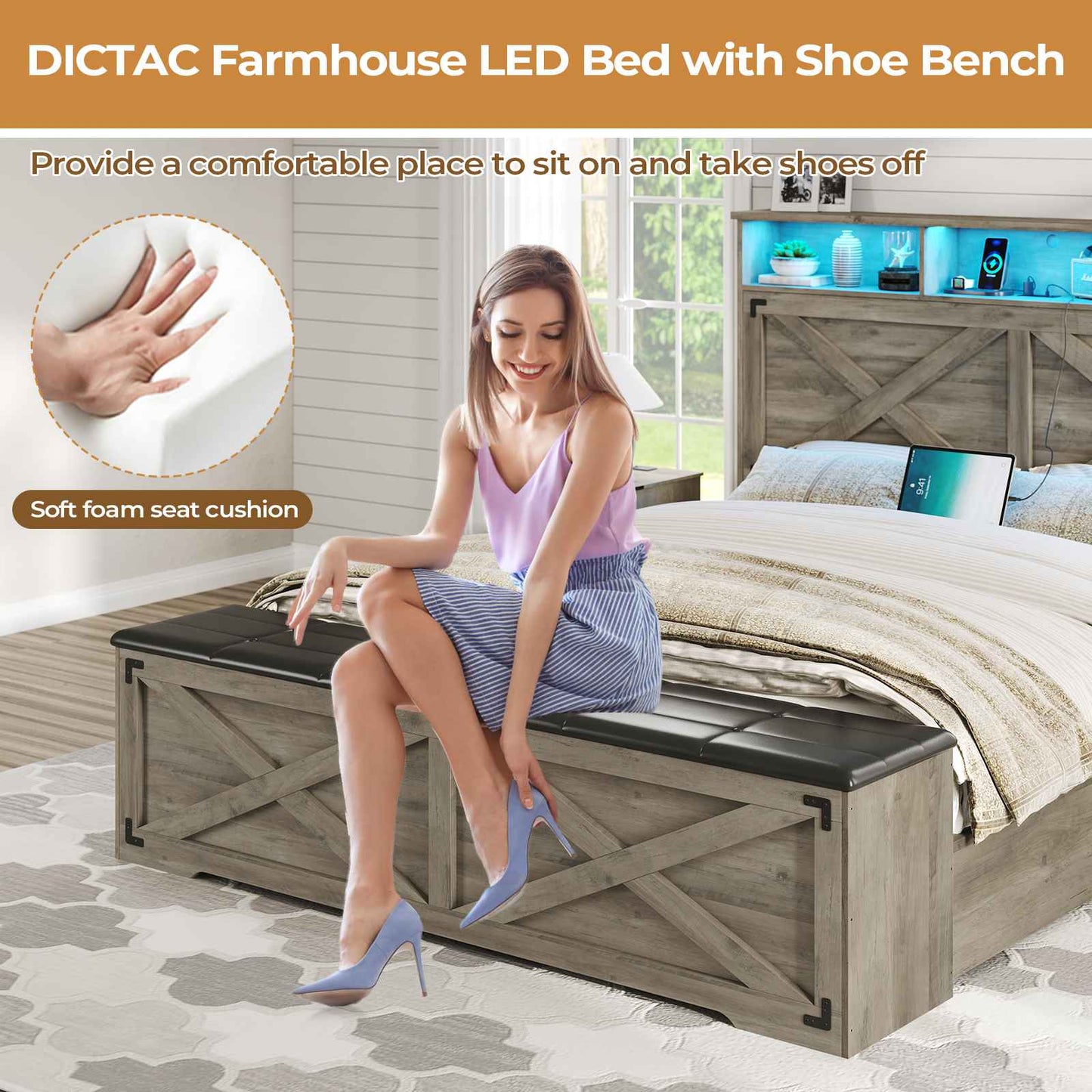 DICTAC | Farmhouse Bed Frame with Storage Headboard, LED Lights & Charging Station, Wood Platform Bed with Storage Ottoman for Kids & Teens, Oak Gray