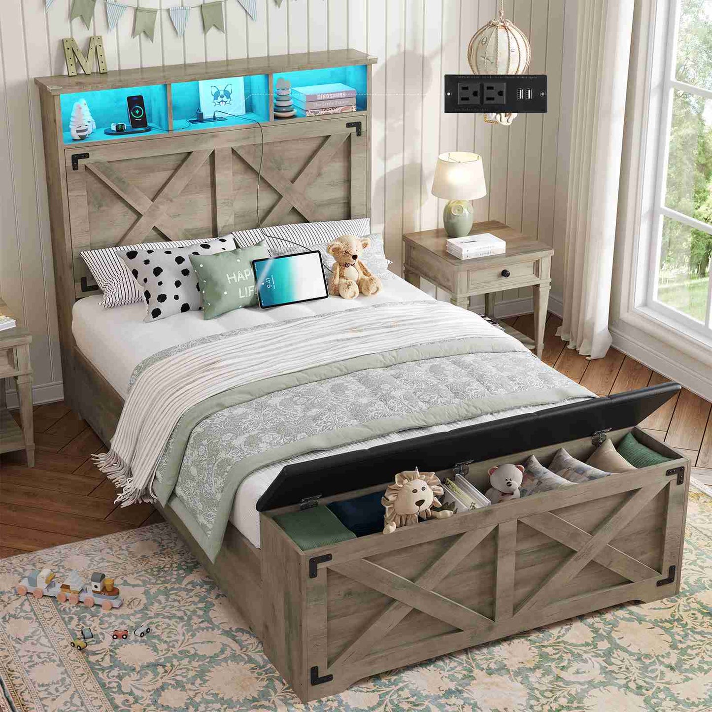 DICTAC | Farmhouse Bed Frame with Storage Headboard, LED Lights & Charging Station, Wood Platform Bed with Storage Ottoman for Kids & Teens, Oak Gray