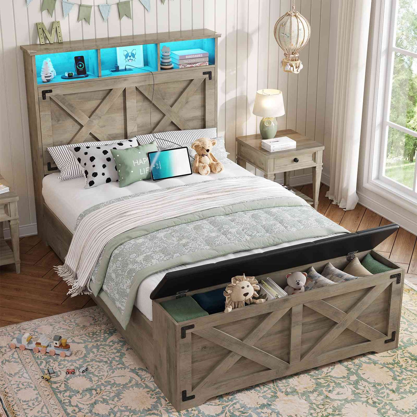 DICTAC | Farmhouse Bed Frame with Storage Headboard, LED Lights & Charging Station, Wood Platform Bed with Storage Ottoman for Kids & Teens, Oak Gray