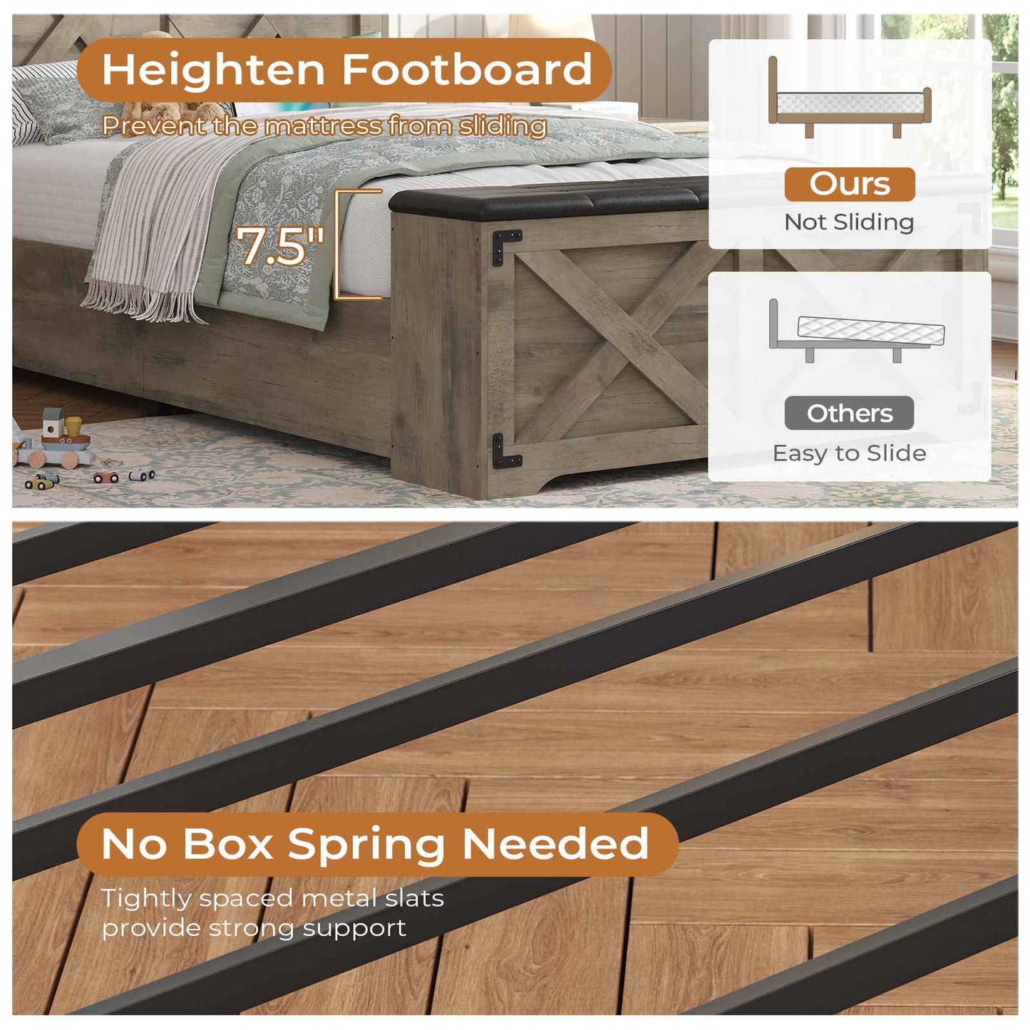 DICTAC | Farmhouse Bed Frame with Storage Headboard, LED Lights & Charging Station, Wood Platform Bed with Storage Ottoman for Kids & Teens, Oak Gray