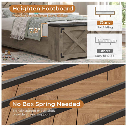 DICTAC | Farmhouse Bed Frame with Storage Headboard, LED Lights & Charging Station, Wood Platform Bed with Storage Ottoman for Kids & Teens, Oak Gray