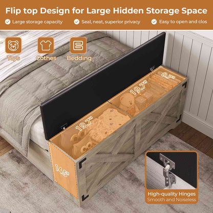 DICTAC | Farmhouse Bed Frame with Storage Headboard, LED Lights & Charging Station, Wood Platform Bed with Storage Ottoman for Kids & Teens, Oak Gray