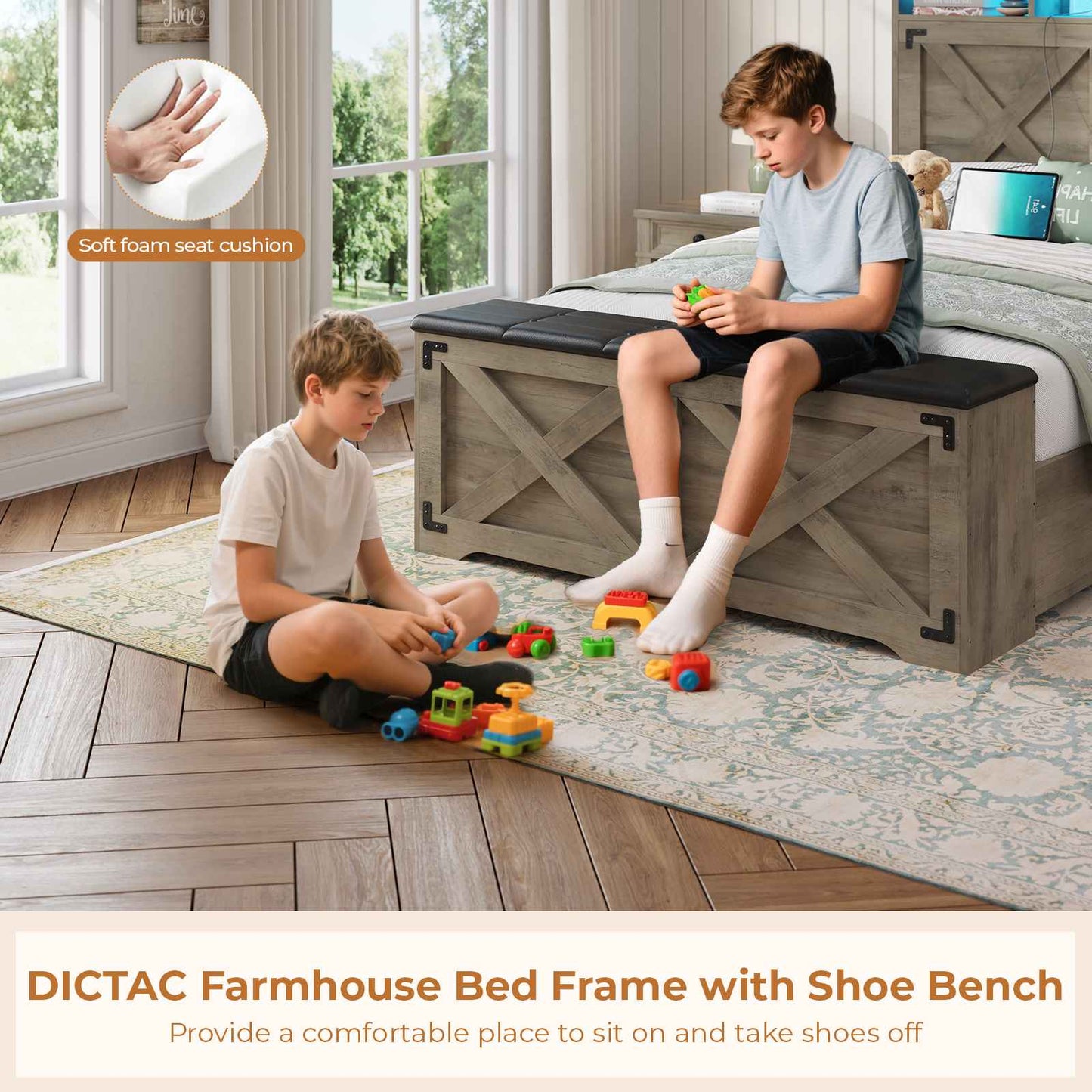 DICTAC | Farmhouse Bed Frame with Storage Headboard, LED Lights & Charging Station, Wood Platform Bed with Storage Ottoman for Kids & Teens, Oak Gray