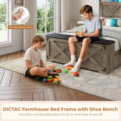 DICTAC | Farmhouse Bed Frame with Storage Headboard, LED Lights & Charging Station, Wood Platform Bed with Storage Ottoman for Kids & Teens, Oak Gray