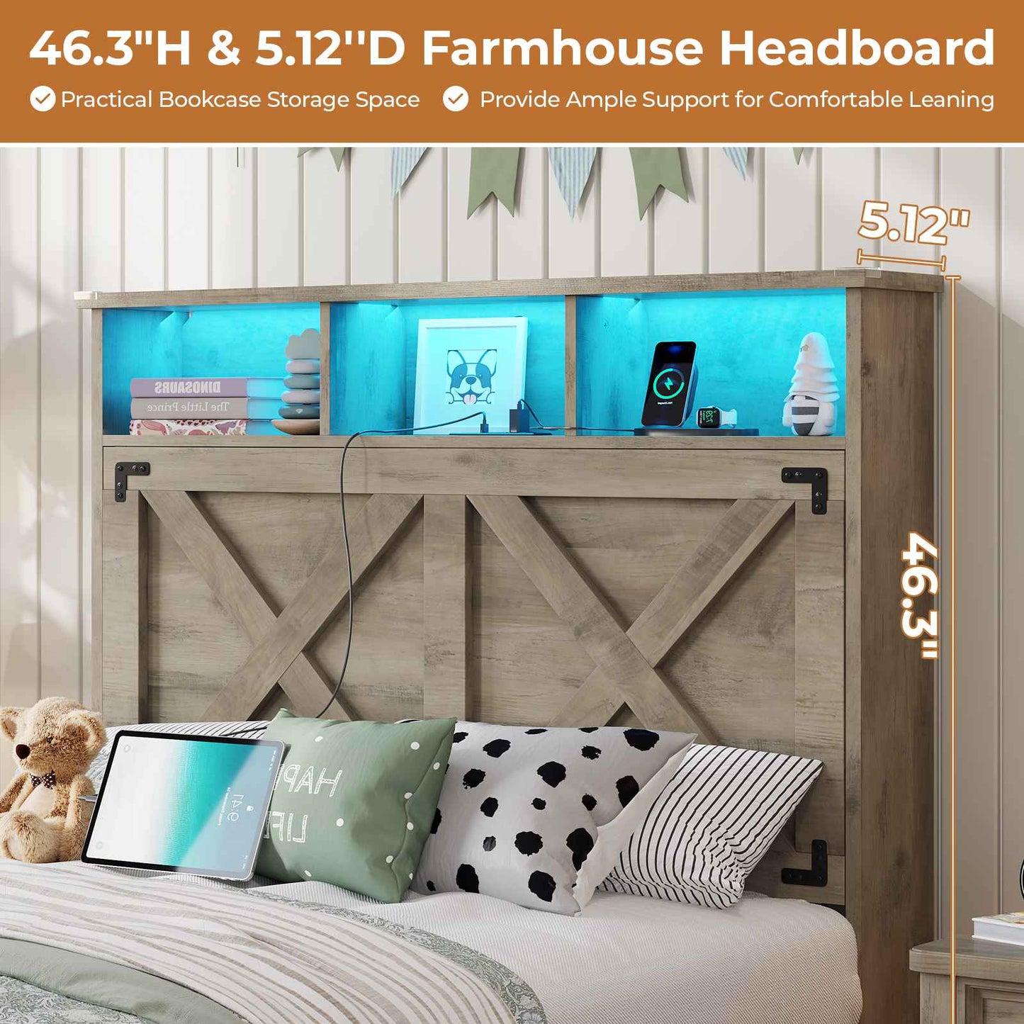 DICTAC | Farmhouse Bed Frame with Storage Headboard, LED Lights & Charging Station, Wood Platform Bed with Storage Ottoman for Kids & Teens, Oak Gray