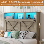 DICTAC | Farmhouse Bed Frame with Storage Headboard, LED Lights & Charging Station, Wood Platform Bed with Storage Ottoman for Kids & Teens, Oak Gray