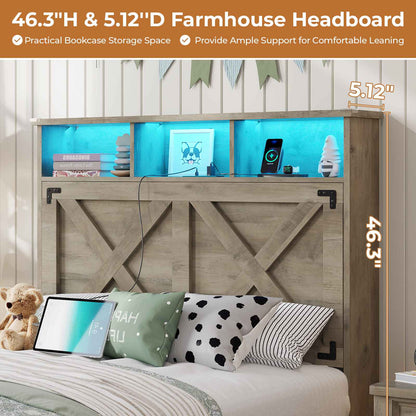 DICTAC | Farmhouse Bed Frame with Storage Headboard, LED Lights & Charging Station, Wood Platform Bed with Storage Ottoman for Kids & Teens, Oak Gray