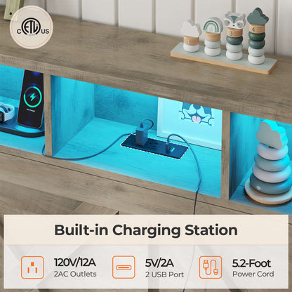 DICTAC | Farmhouse Bed Frame with Storage Headboard, LED Lights & Charging Station, Wood Platform Bed with Storage Ottoman for Kids & Teens, Oak Gray