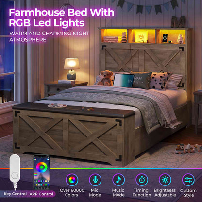 DICTAC | Farmhouse Bed Frame with Storage Headboard, LED Lights & Charging Station, Wood Platform Bed with Storage Ottoman for Kids & Teens, Oak Gray