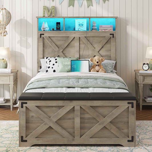 DICTAC | Farmhouse Bed Frame with Storage Headboard, LED Lights & Charging Station, Wood Platform Bed with Storage Ottoman for Kids & Teens, Oak Gray