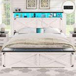 DICTAC | Farmhouse Bed Frame with Storage Headboard, LED Lights & Charging Station, Metal Platform Bed with Storage Ottoman for Kids & Teens, Antique White